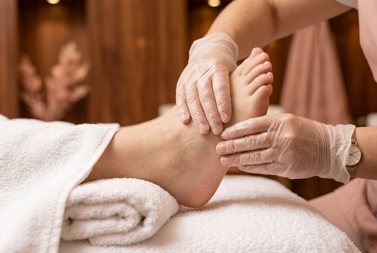 Therapist performing soothing foot reflexology pressure massage